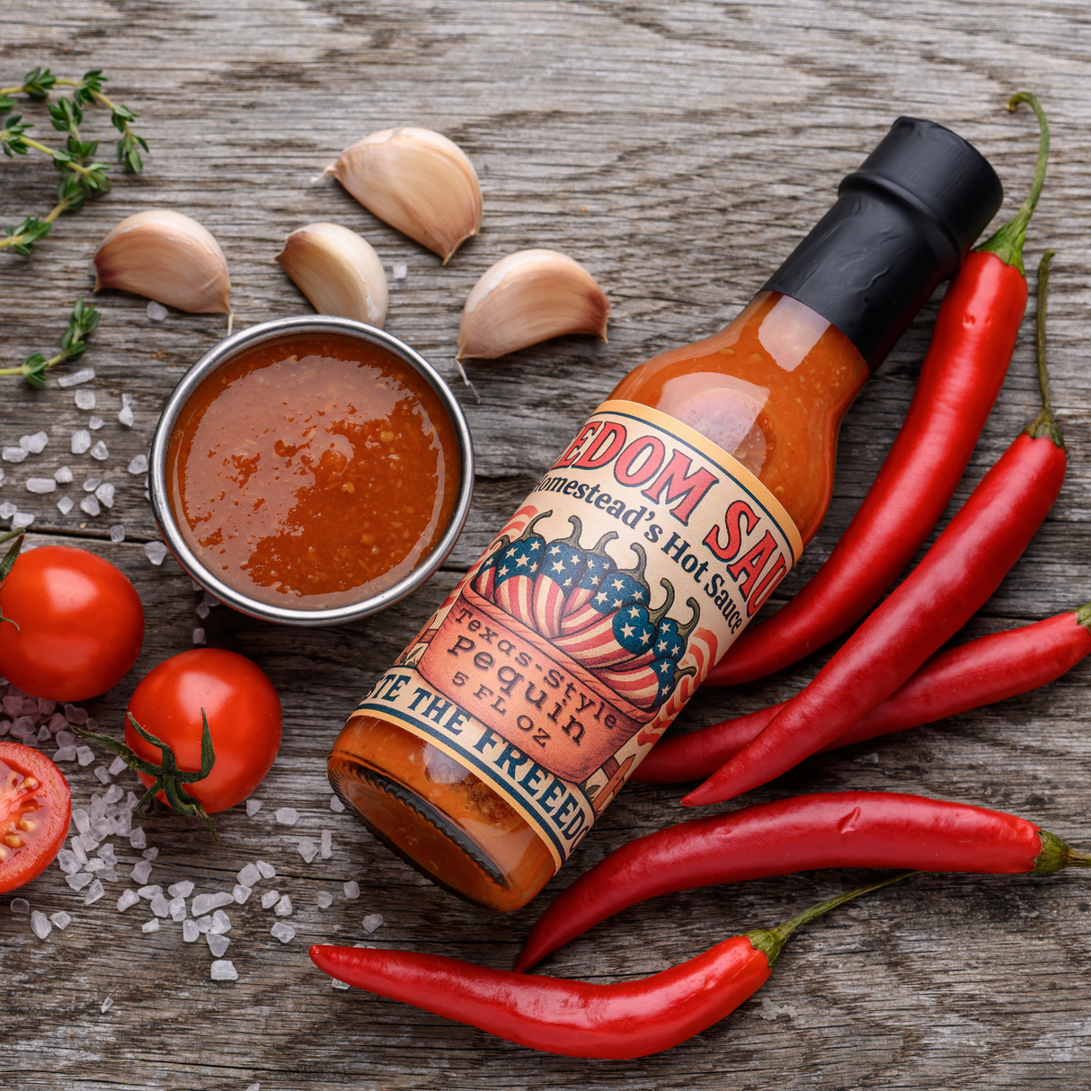HOMESTEAD'S Freedom Sauce, Texas-Style Pequin Pepper Hot Sauce, All-Natural, Gluten Free, Zero Sugar, Low Sodium