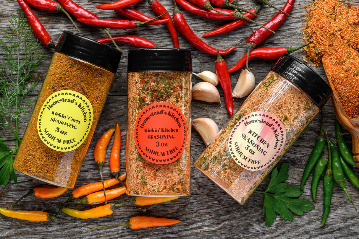 HOMESTEAD'S Salt-Free Seasoning Trio, 3 Flavors, Sodium-Free & No Salt Added, Vegan Spice Blend Gift Set, Garlic Onion Paprika Black Pepper Red Chili, for Burgers Steaks Chicken BBQ