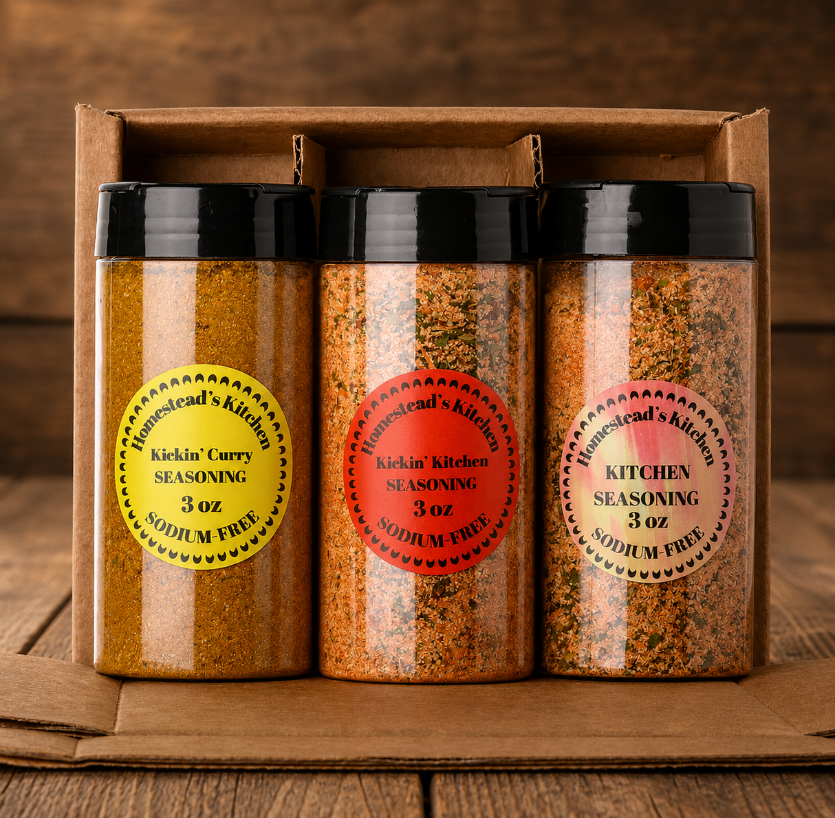 HOMESTEAD'S Salt-Free Seasoning Trio, 3 Flavors, Sodium-Free & No Salt Added, Vegan Spice Blend Gift Set, Garlic Onion Paprika Black Pepper Red Chili, for Burgers Steaks Chicken BBQ