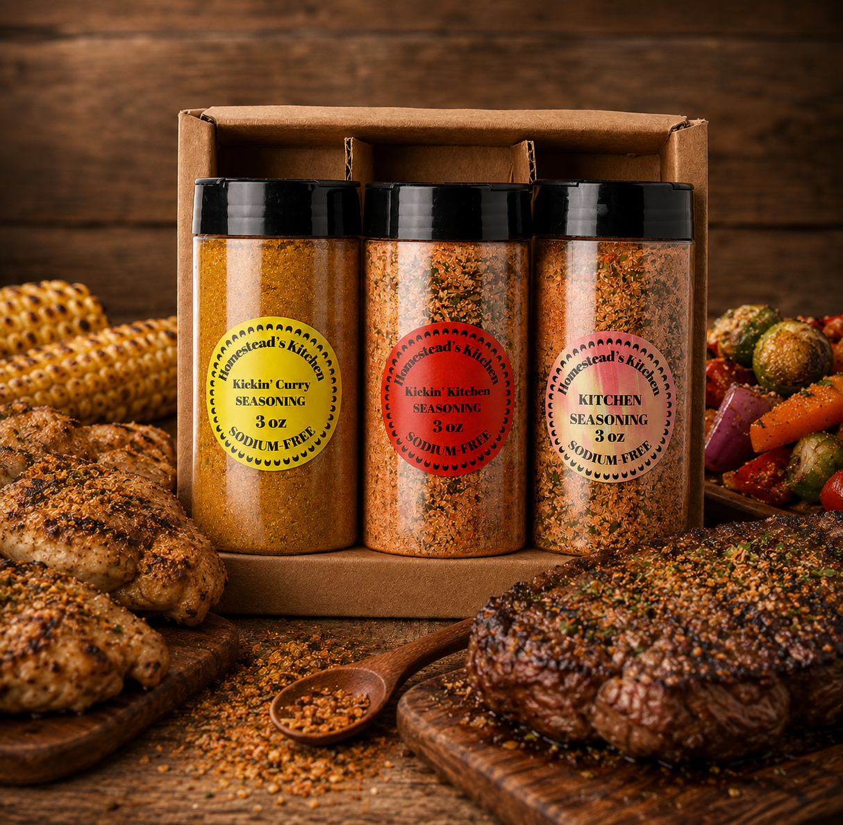 HOMESTEAD'S Salt-Free Seasoning Trio, 3 Flavors, Sodium-Free & No Salt Added, Vegan Spice Blend Gift Set, Garlic Onion Paprika Black Pepper Red Chili, for Burgers Steaks Chicken BBQ