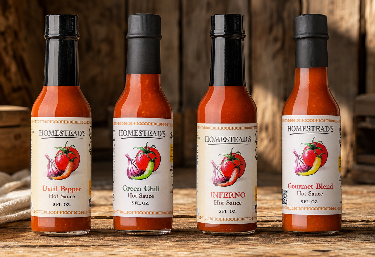 HOMESTEAD'S Hot Sauce 4-Pack, Inferno, Datil Pepper, Gourmet Blend & Green Chili, 5 oz Each, No Sugar Added, Vegan, Low Sodium